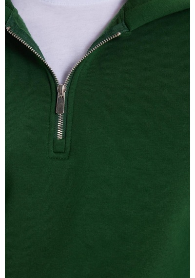 Tudors Unisex Relax Fit Rahat Kesim Pamuklu İçi Polarlı Yarım Fermuarlı Yeşil Kapüşonlu Sweatshirt-37026