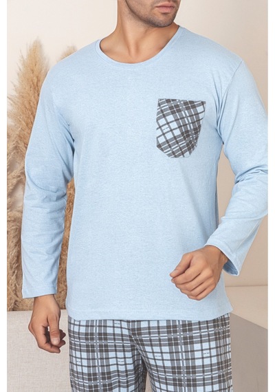 Sude Homewear Erkek Ekoseli Cepli Uzun Kollu Pijama Takımı Mavi