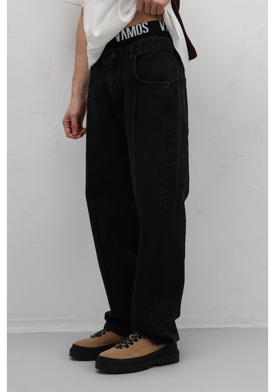 Vamos Dikiş Detaylı Relaxed Fit Jean Siyah