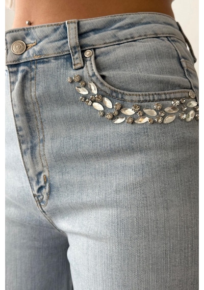 Lacarino 7984 Wide Leg Kadın Jean Pantolon Lıght Blue Taşlı