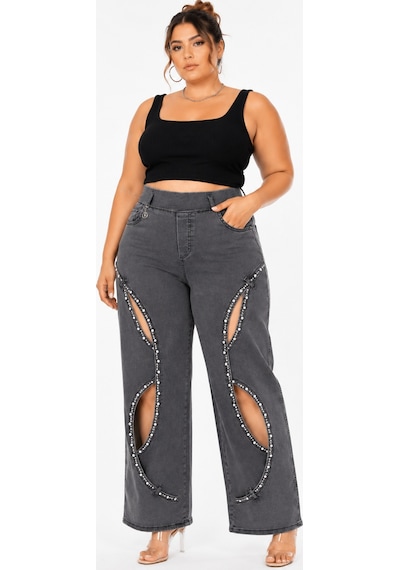 Zanessi Büyük Beden Denim Taşlı Yüksek Bel Pencere Detaylı Bol Paça Kadın Pantolon Siyah