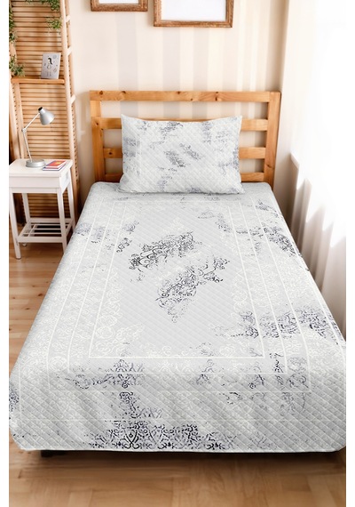 Gri Etnik Modern Tek Kişilik Pike Takımı - Beyaz Şal Motifli 160x220 Cm Kapitone Yazlık Yatak Örtüsü Beyaz