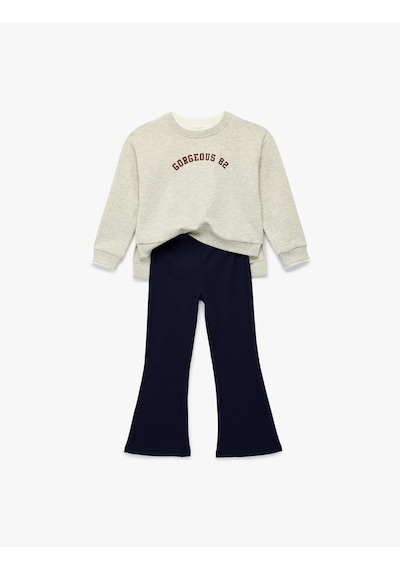 Koton Baskılı Uzun Kollu Şardonlu Sweatshirt Ve İspanyol Paça Pantolon Takımı - 2'li Set Kar Melanj 6skg10260ak Gri Melanj