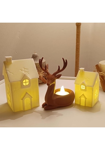 Kış Evleri Geyik Mumluk Noel Yılbaşı Süsü Dekoratif Biblo Tealight Mumluk Seti Mumlar Dahildir