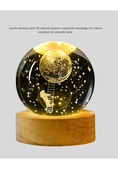 3d Astronot Kristal Küre Gece Lambası Usb Ahşap Standlı Dekoratif Işık