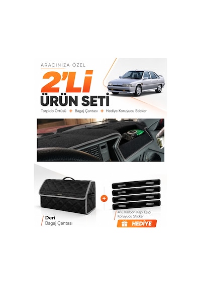 Renault 21 Concorde 1990-1996 Uyumlu Torpido Örtüsü + Deri Bagaj Çantası + Sticker - Siyah Gri