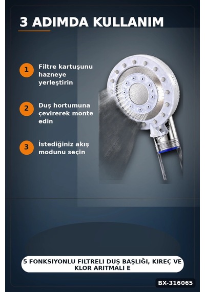 5 Fonksiyonlu Filtreli Duş Başlığı, Kireç Ve Klor Arıtmalı El Duşu Beyaz Bx-316065 Diğer