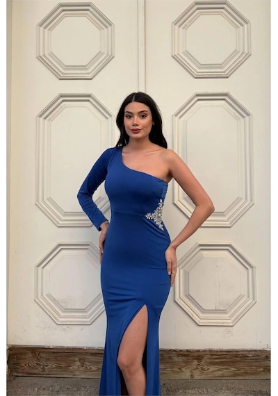 Veraura Lifestyle Kadın Trend Model Simli Kumaş Asimetrik Yaka Drapeli Tek Kollu Elbise Saks