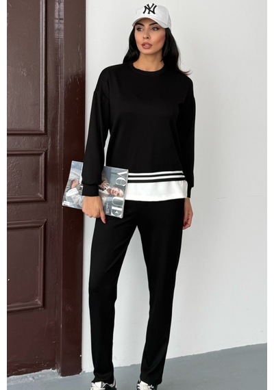 Ded Collectıon Kadın Yanı Yırtmaçlı İnce Şerit Detaylı Uzun Kol Sweatshirt Modal Takım Siyah Ded Collectıon Kadın Yanı Yırtmaçlı İnce Şerit Detaylı Uzun Kol Sweatshirt Modal Takım Siyah
