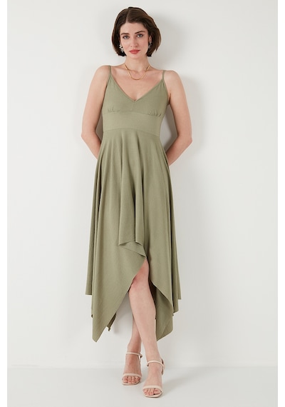 Lela Asimetrik Kesim Regular Fit Midi Boy Askılı V Yaka Bayan Elbise 5866131 Olive