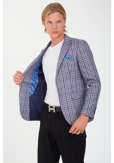 Sposo 5138 Dar Kalıp Kare Desenli Lacivert Erkek Blazer Ceket Lacivert