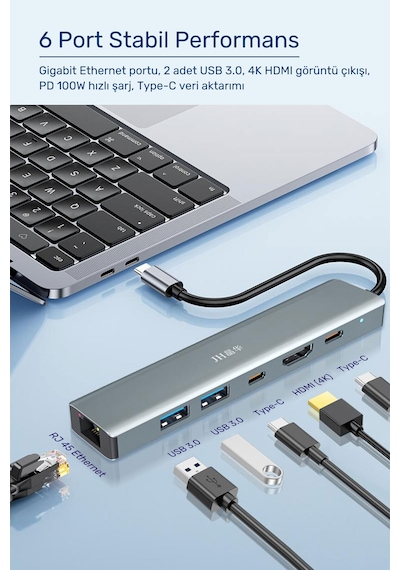 Type-c 6sı 1 Arada Hub Adaptör, 4k Hdmı, Rj45 Gigabit Ethernet, Pd 100w Şarj, 2 Usb 3.0 Port, Macbook Laptop Tablet Uyumlu, Metal Gövde Docking Station N855