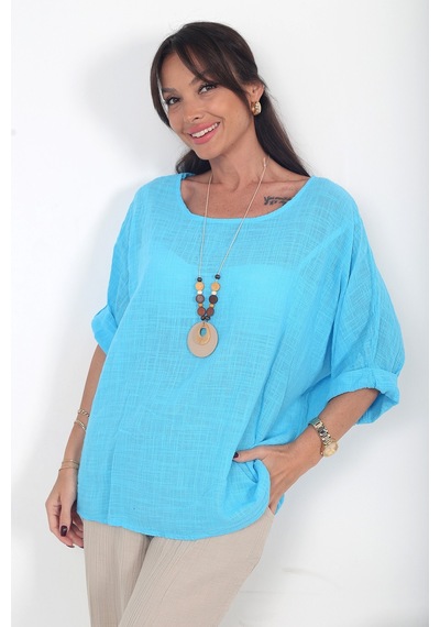 By Saygı Kadın İtalyan Coton Oversize Bluz Mavi By Saygı Kadın İtalyan Coton Oversize Bluz Mavi