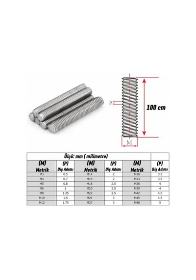 Metrik Galvaniz Gijon Saplama Tij Çeşitleri 1 Metre