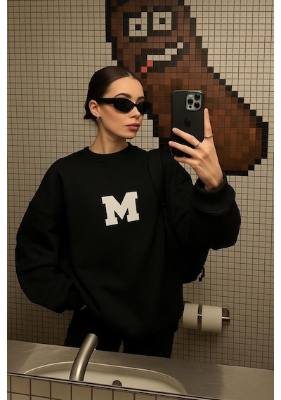 Benroma 3 İplik Penye M Baskılı Unisex Sweatshırt SIYAH