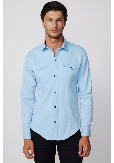 Tudors Slim Fit Gündelik Denim Mavi Erkek Gömlek-28026-mavi Mavi