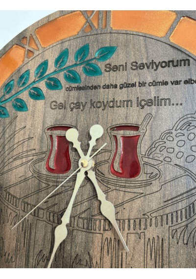 Ahşap Desen Duvar Saati - Gel Çay Koydum - Epoksi Reçine Kaplamalı - 40 Cm Ahşap