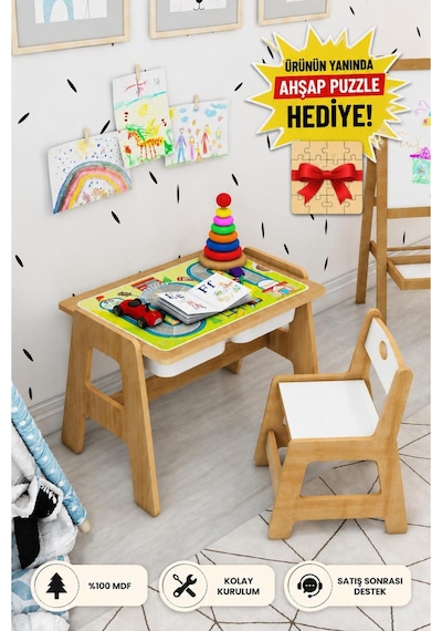 Lesson Montessori Ahşap Aktivite Masa Sandalye Takımı Yeşil - 749284546