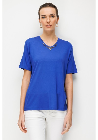 Kadın V Yaka Yakası Nakış İşlemeli Penye T-shirt Saks Saks