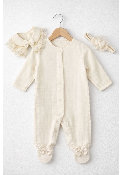 Kardeşler Bebe Fiyonk Ve Dantel Detaylı Çıkarılabilir Yaka Kız Bebek Patikli Tulum + Saç Bandı Ekru