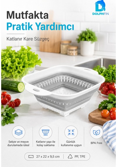 Katlanır Kare Süzgeç Mutfak Pratik Kullanım Gereci Beyaz - Gri