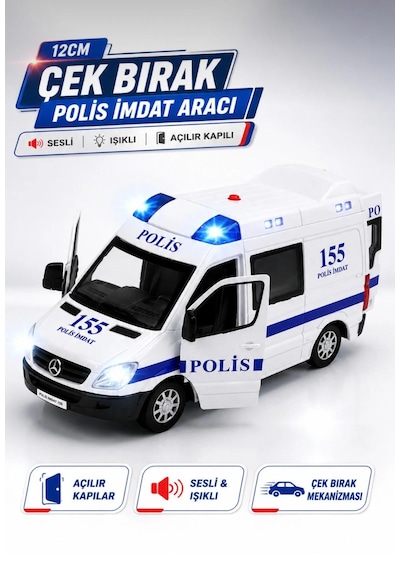 Oyuncak Metal Işıklı Sesli Çek Bırak Özellikli Ön Ve Arka Kapılar Açılır Ambulans-polis-itfaiye-askeri Jandarma Minibüsü 12 Cm Mavi