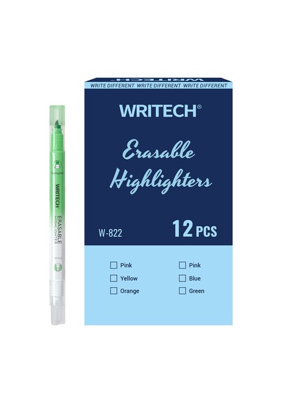Wrıtech W-822 Silinebilir Fosforlu Kalem Pastel Yeşil - 12'li Kutu Beyaz - Gümüş