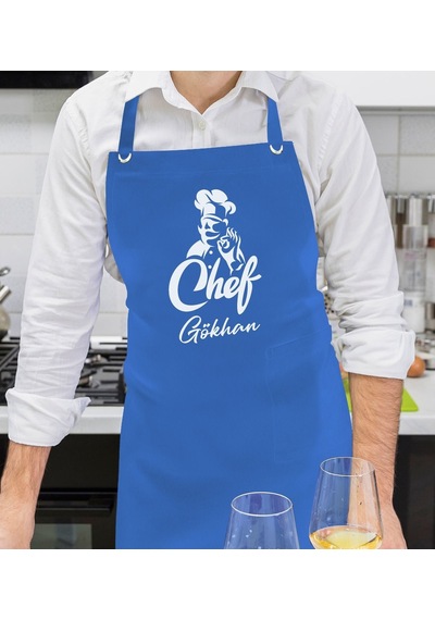 Bk Gift Kişiye Özel İsimli Chef Tasarımlı Profesyonel Saks Mavi Mutfak Önlüğü, Aşçı Önlüğü, Şef Önlüğü, Arkadaşa -8 Bej