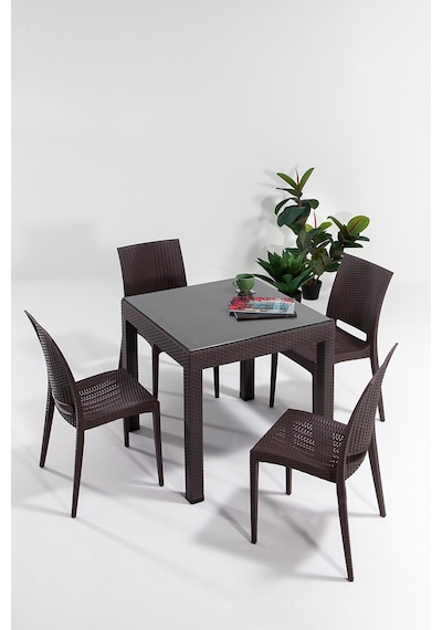 Rattan Small Camlı Kahve Masa Takımı Bahçe&balkon 1 Camlı Masa + 4 Sandalye Kahverengi