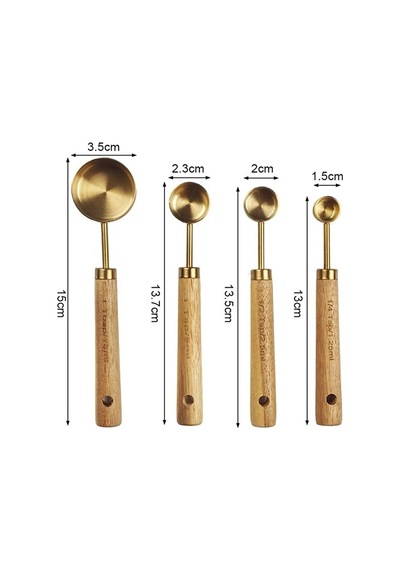 Mucit Home 4 Adet Gold Paslanmaz Çelik Ahşap Saplı Ölçü Kaşığı Seti Ölçü Kabı Küçük Gold