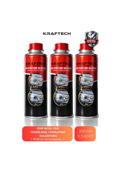 Kraftech Yeni Nesil Premium I Buharlı Araba Far Temizleme Ve Parlatma Solüsyonu I Kloroform Uyumlu 3 X 250 G