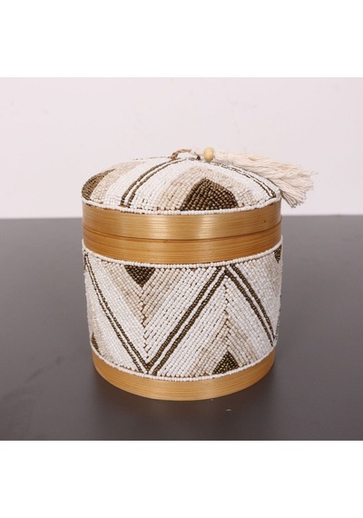 Bali Boncuklu Bambu Saklama Kutusu M 15x17 Cm Beyaz
