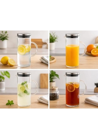 1500 Ml Cam Sürahi Metal Kapaklı Şeffaf Sürahi Dayanıklı Cam Gövde Ergonomik Sap Akıtmaz Ağız Tasarımı Soğu