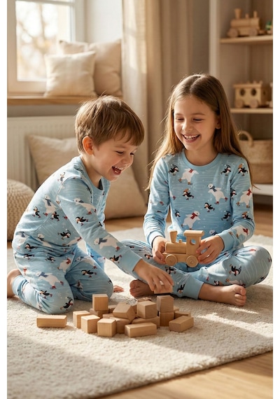Zuzunga Unisex İnterlok Bebe Mavisi Yılbaşı Temalı Pijama Takımı Mavi