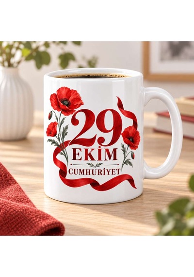 29 Ekim Cumhuriyet Gelincik Çiçekli Porselen Kupa - Kırmızı Beyaz Tasarım - Model 260