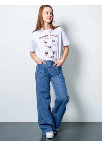 Zekids Kız Çocuk Oversize Köpek Baskılı Tasarım T-shirt-15806 Beyaz