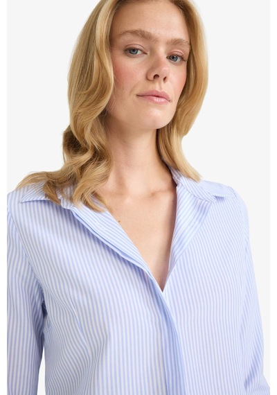 Defacto Fitted Çizgili Poplin Uzun Kollu Gömlek D3172AX24AU Mavi