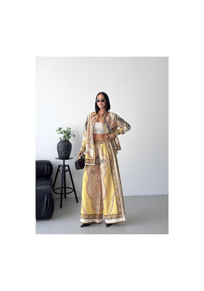 Wellway İthal Chokellaa Kumaş Çiçekli Tunik Gömlek & Pantolon 2li Takım-sarı -26107 Sarı