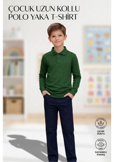 Erdem Kıds Unisex Kız Erkek Çocuk Polo Yaka Pamuklu Uzun Kol Nefti Yeşil Günlük Basic Okul Tişört Nefti Yeşil Nefti Yeşil