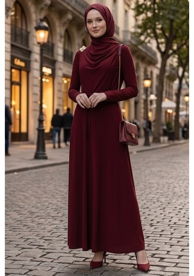 Bestenur Şal Bağlamalı Elbise 1691 - Bordo Bordo