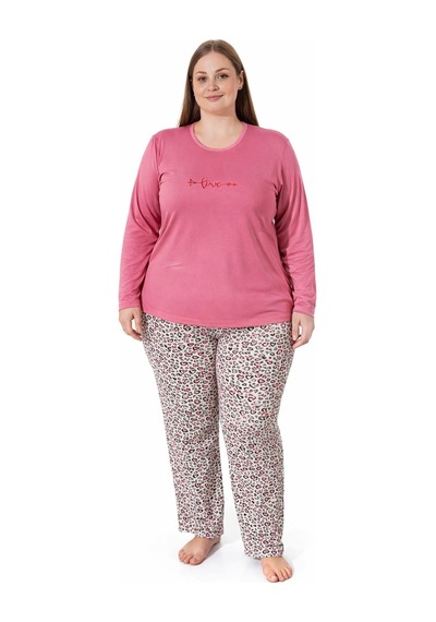 Pemilo Kadın 7257 Büyük Beden Uzun Kol Likralı Milan Pijama Takımı GÜL KURUSU