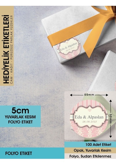 Pembe Motifli Davetiye Etiketi, Cemiyet İçin Ürünlerinize Özel 5cm - 96 Adet Folyo Sticker Renkli