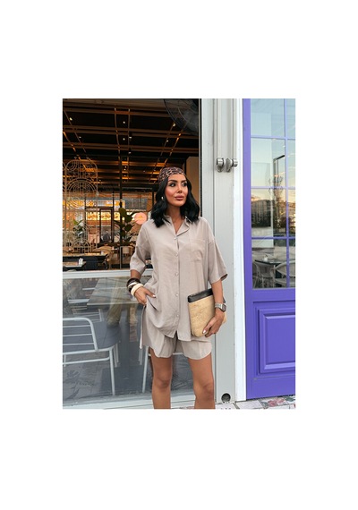 Nido Moda Kadın Cepli Oversize Gömlek Ve Beli Bağcıklı Şort İkili Takım Bej