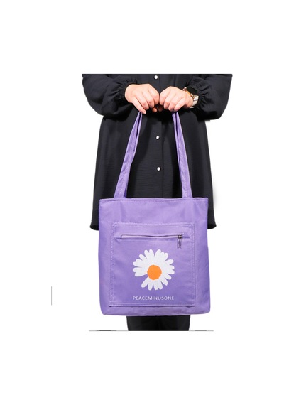 Toz Vintage Canvas Papatya Desenli Bez Omuz - Kol Çantası Mor