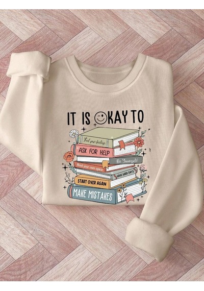 Uyguntarz Unisex It Is Okay To Baskılı Oversize Sweatshirt Bej