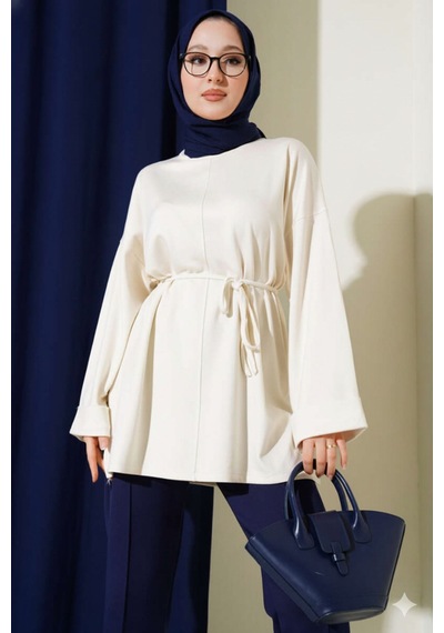 Unika Boutique Modal Kumaş Kuşaklı Tesettür Tunik Ekru