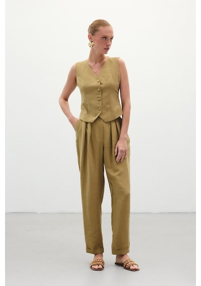 Sateen Salaş Keten Pantolon - Haki-136268 Haki