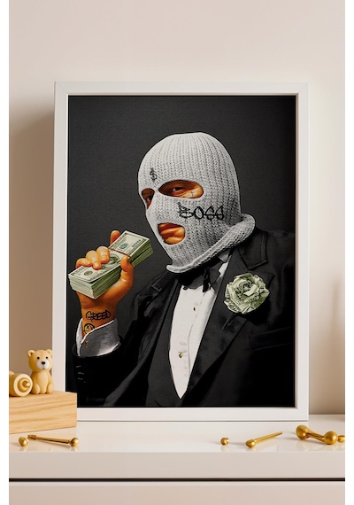 Modern Kar Maskeli Boss Ve Dolar Temalı Çerçeveli Tablo Home-office Çalışma Alanları Dekoru Modifiye Sanat