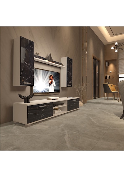Decoraktiv Eko 7 Mdf Dvd Tv Ünitesi Tv Sehpası Beyaz - Siyah Mermer