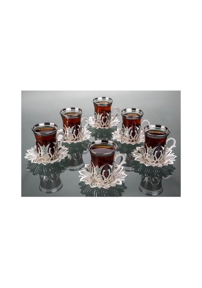 Çay Sunum Seti Lale Desenli Tepsili Metal Gümüş